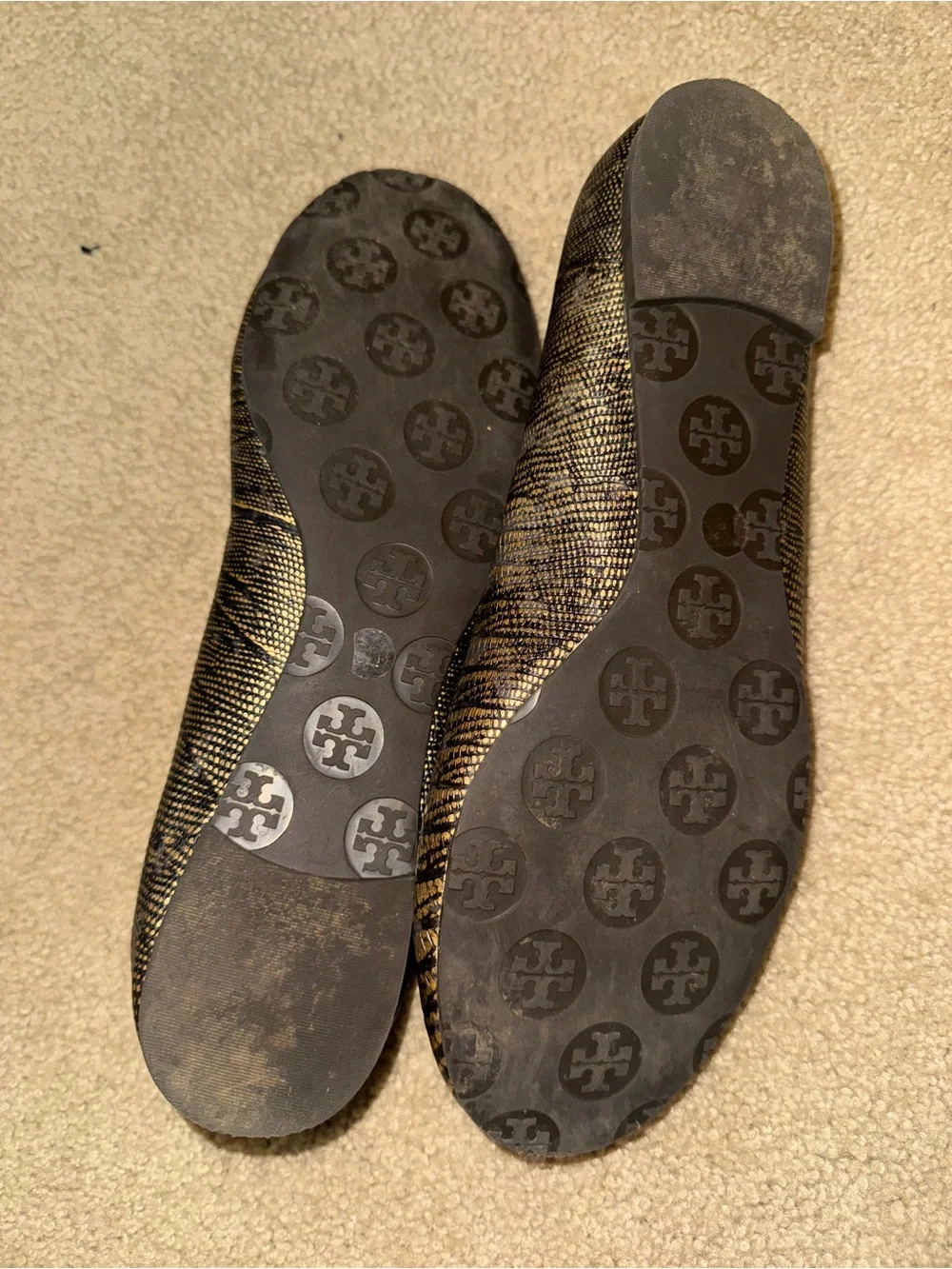 Tory Burch Black and Gold Textured Logo Ballet Flats